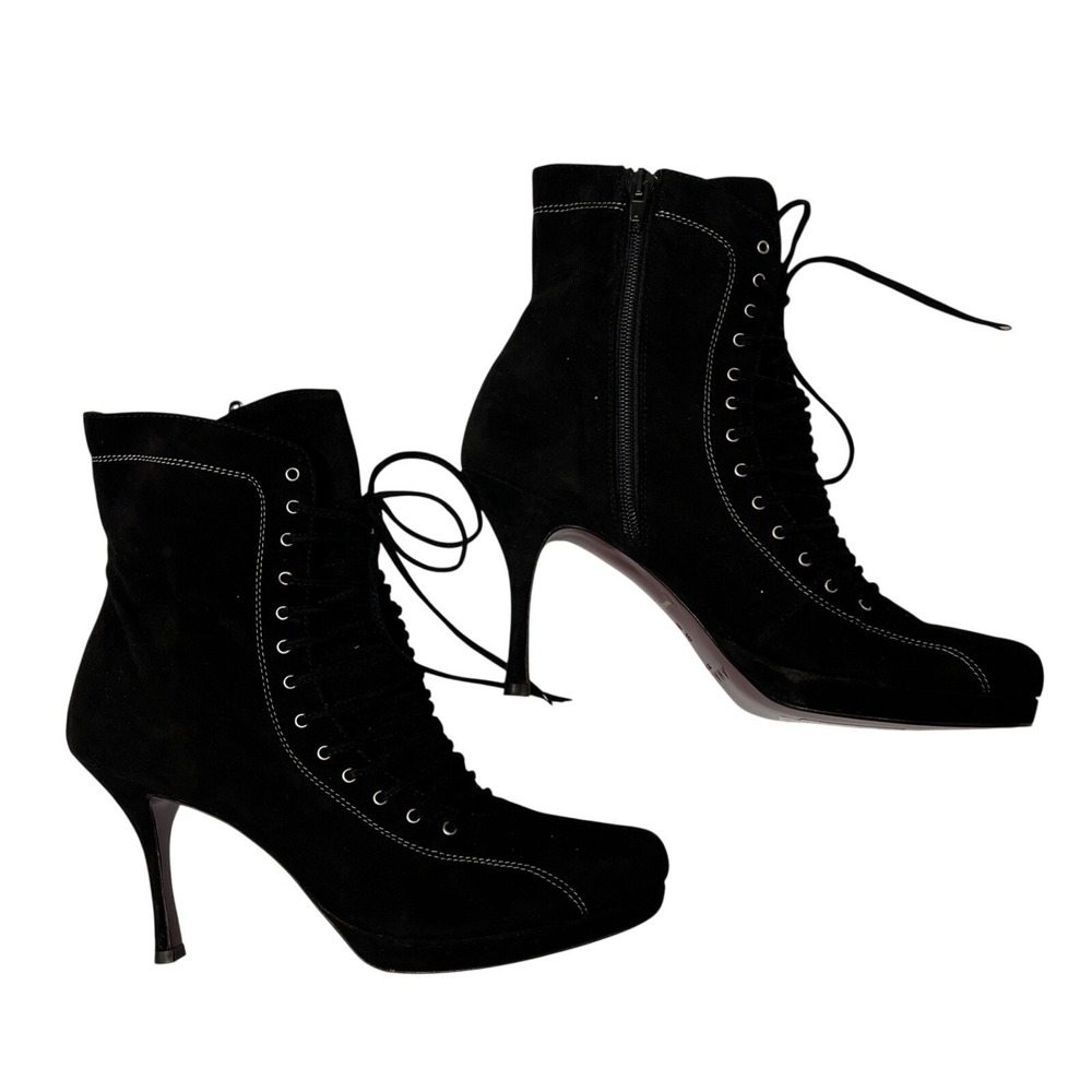 Amalfi Boots Lord Black Leather Suede Lace Up Ankle Stiletto Heel‎ Size 8.5 Goth